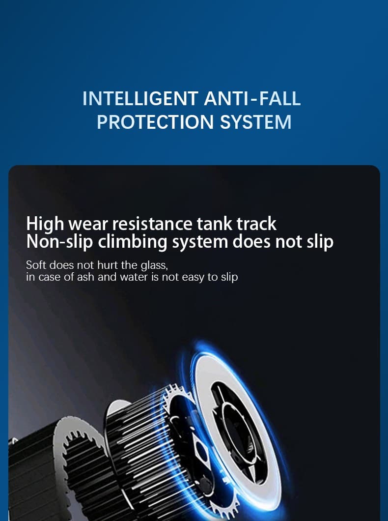 Tank track and gear drive of the automatic window cleaner showing the non-slip climbing system used for anti-fall protection