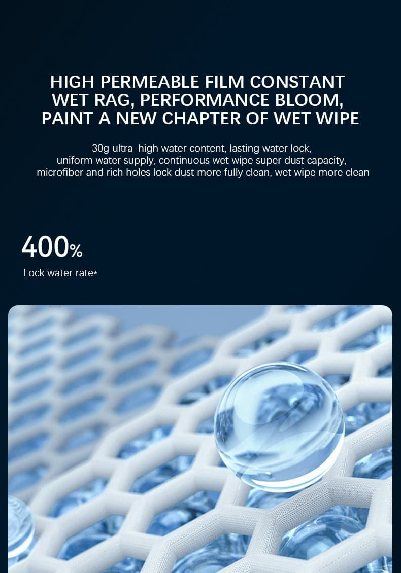 High permeability microfibre cloth holding water against the roller of the window cleaning robot for a constant wet wipe