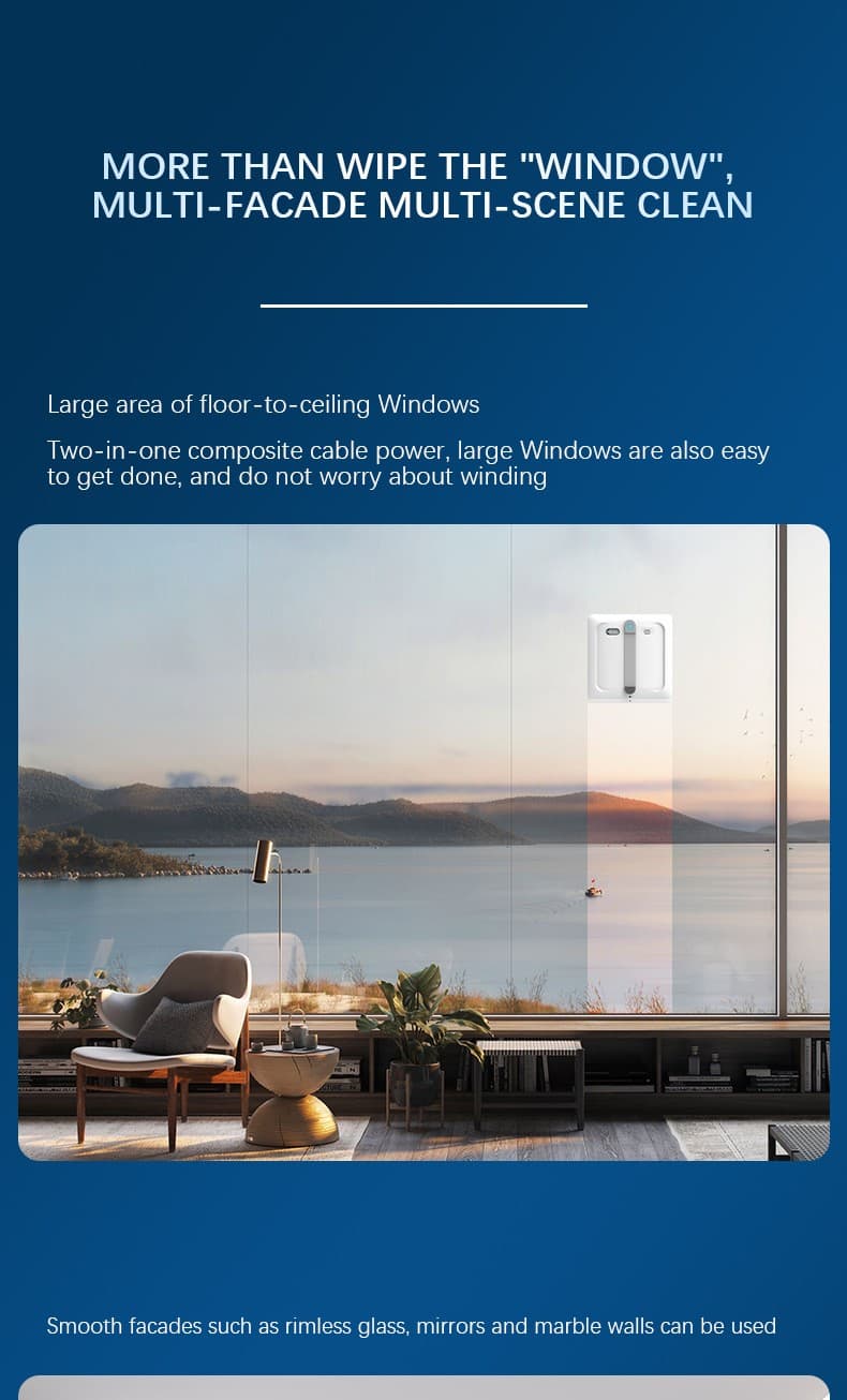 Window cleaning robot working a floor-to-ceiling window wall with the two-in-one composite cable, also suitable for rimless glass, mirrors and marble walls