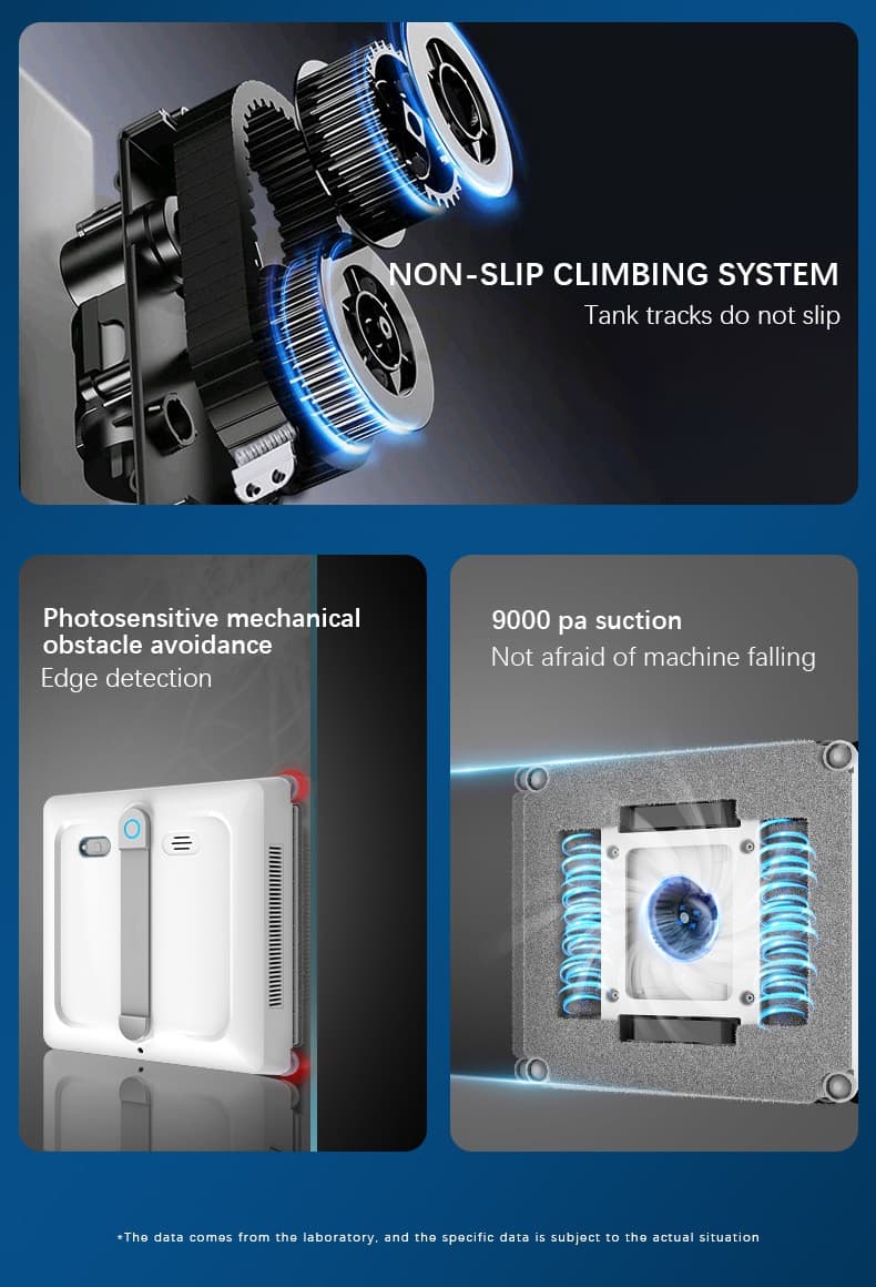 Non-slip climbing track, photosensitive edge detection and 9000 Pa suction shown on the window cleaning robot for high-rise glass