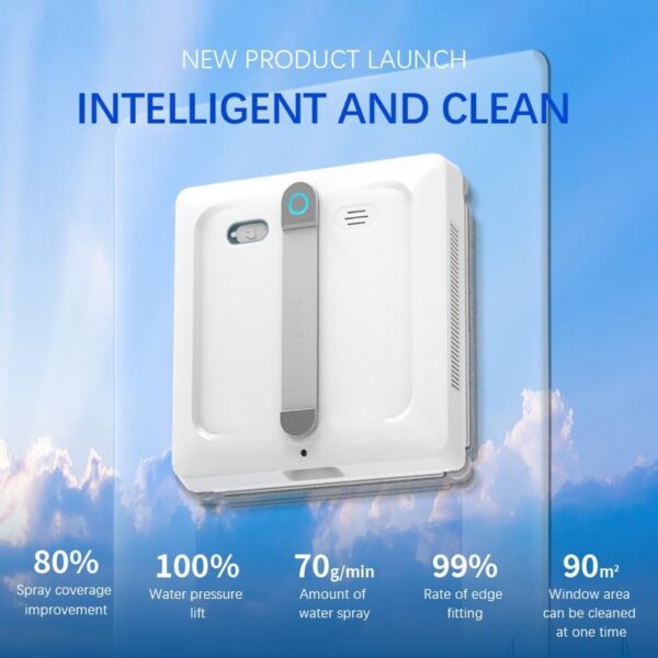 W50D automatic window cleaner with 9000Pa suction and dual roller brush cleaning a high-rise glass facade — flagship wholesale window cleaning robot